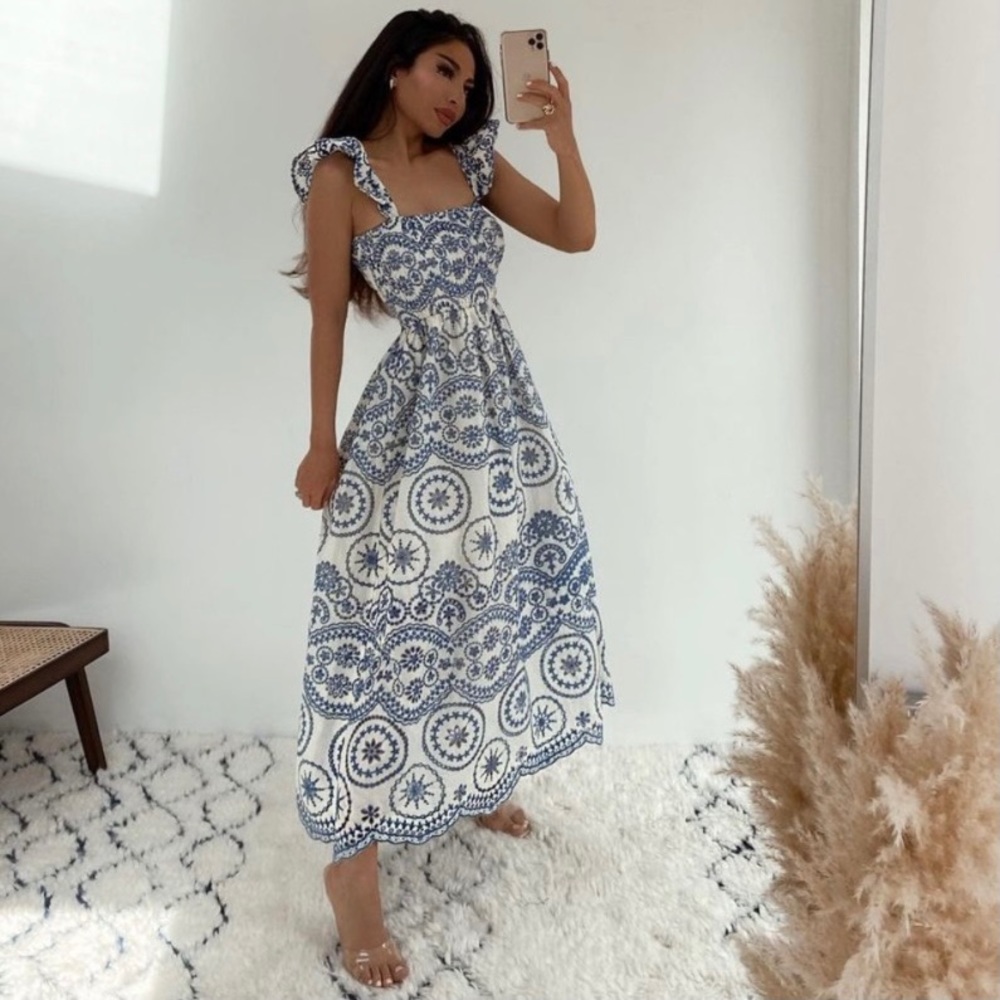 Zara Openwork Embroidered Midi Dress RARE - Picture 3 of 8